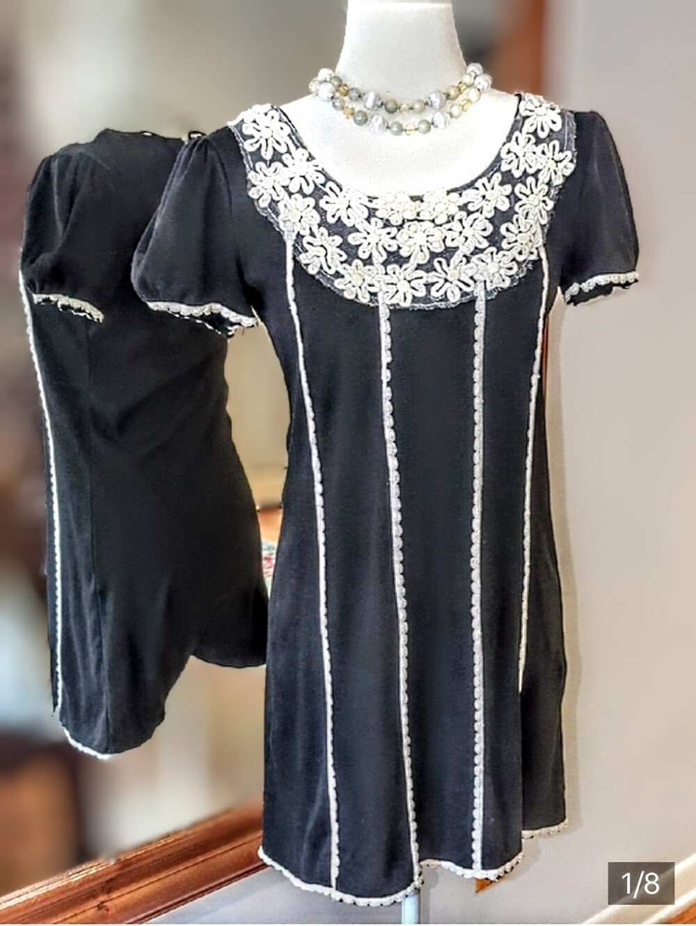 Black Mini Dress with White Floral Trim - Women